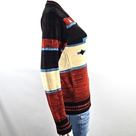 Vintage 70s JCPenny Rust & Brown V Neck Southwest Aztec Knit Pullover Sweater - Picture 7 of 16